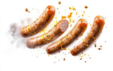 Flying sausages with mustard splashes and smoke effects, hearty and flavorful, isolated on white background