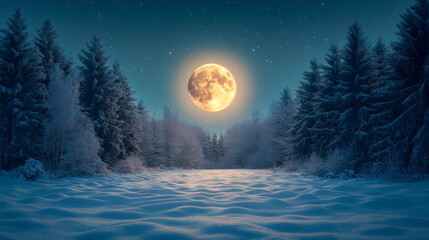 Fototapeta premium Moonlit winter landscape, a snow-covered forest with the trees glistening in the moonlight