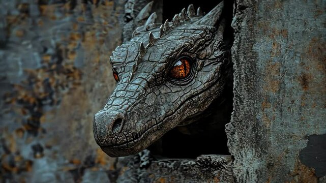 Baby dragon peeking through concrete wall