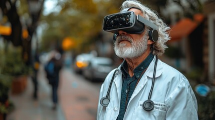 An elderly man of European descent is experiencing virtual reality outdoors, sporting a doctor's coat and stethoscope, surrounded by a busy street.