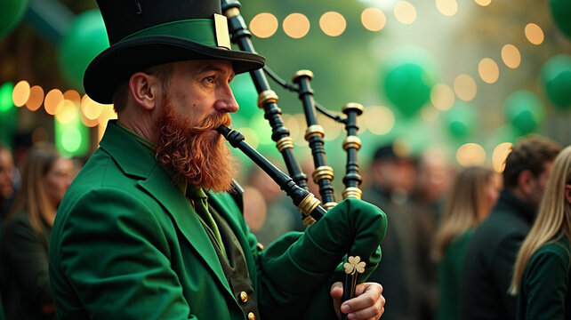 Irish pipe music. Irish man in green outfit playing bagpipes with festive mood in a celebration background