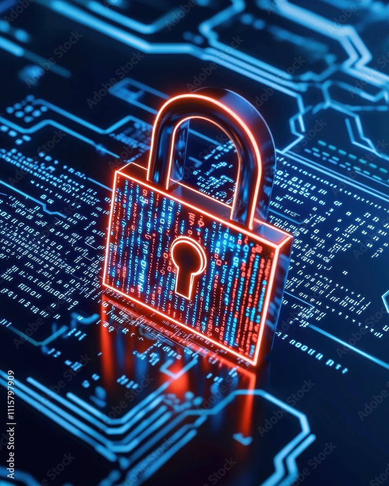 Poster futuristic digital lock on cyber circuit board background representing data security, internet prote