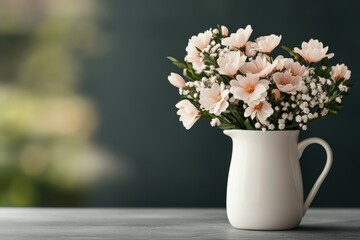 Fototapeta premium country breakfast, fresh flowers in a vase on a cozy cottage table, bathed in soft morning light, creating a serene scene for a message