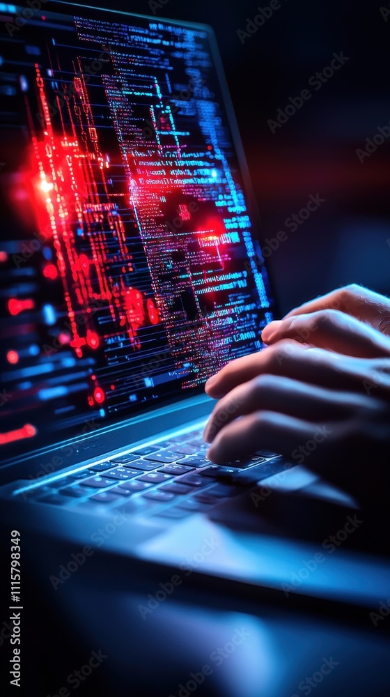 Poster hands typing on laptop with colorful digital code display representing cybersecurity, technology, an