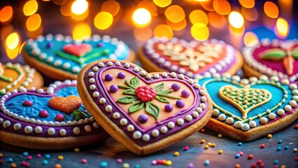 Delightful Heart-Shaped Cookies Decorated with Icing on a Vibrant Color Background - A Perfect Sweet Treat for Celebrations and Special Occasions
