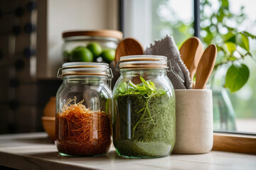 Two jars of herbs sit on a counter next to a spoon and a bowl. The jars are filled with different herbs and spices, and the spoon is nearby.