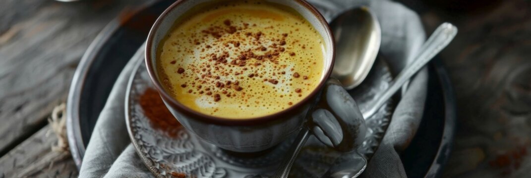 A cacao ginger turmeric elixir made with coconut milk and honey for a warm and healing beverage.