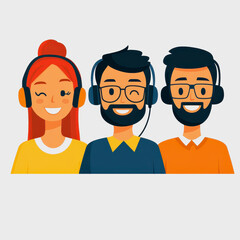 Fototapeta premium Three Friendly Customer Support Representatives with Headsets Smiling Against a Light Background for Professional Use