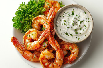 Grilled shrimp with dipping sauce on a white plate, French Fried Shrimp