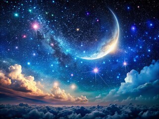 Fototapeta premium Dreamy Night Sky with Falling Stars, Crescent Moon, and Twinkling Galaxy Capturing a Serene and Enchanting Atmosphere for Imaginative and Captivating Visuals