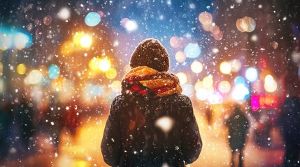 Woman in winter city at night, snow falling.
