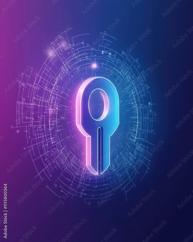 Poster futuristic digital key illustration with neon glow in a high-tech circular background representing c