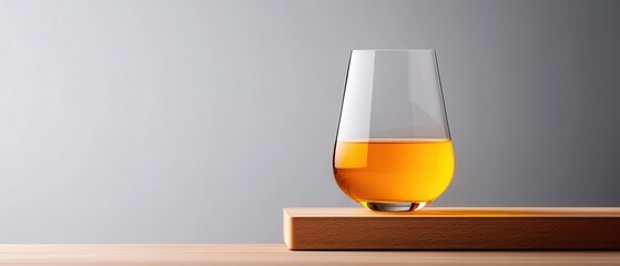 [Home Bar Glassware NonAlcoholic] Single Malt Whisky Glass on Wooden Surface with Bar Tool and Amber Liquor