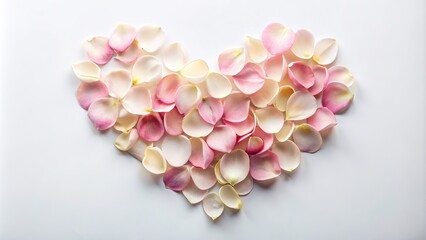 Obraz premium Elegant Arrangement of Two Rose Petals Forming a Heart Shape on a White Background with Ample Copy Space for Romantic or Floral Themes