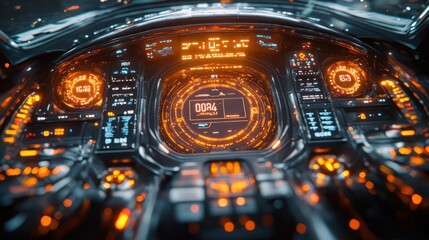 Futuristic spaceship cockpit with glowing orange interface and digital displays.