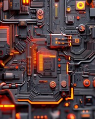 Fototapeta premium Intricate Close-Up of a High-Tech Circuit Board with Vibrant Orange Accents and Complex Pathways, Capturing the Essence of Modern Technology and Innovation