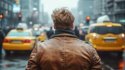 A person in a brown coat stands dreamily amidst the fluidity of moving yellow taxis on a congested...