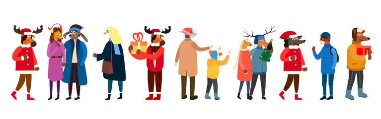 Collection playful people quadrober wearing animal masks