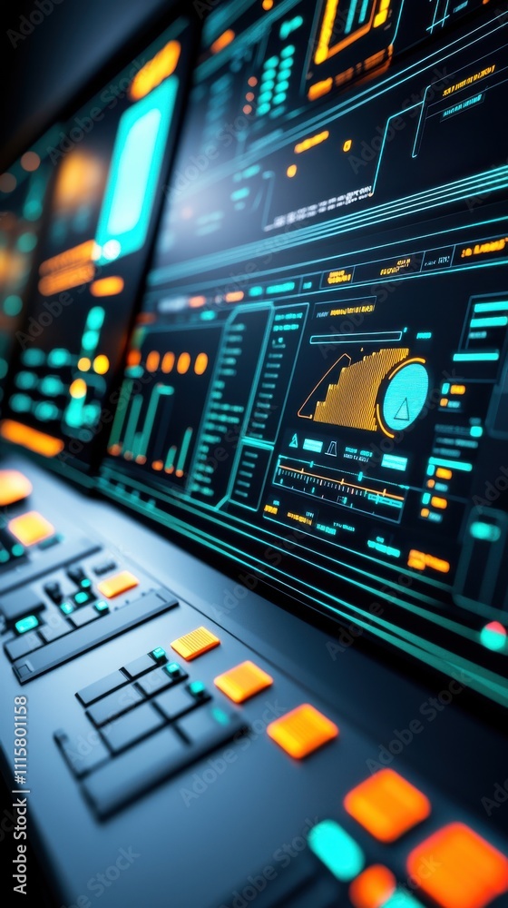 Poster futuristic data visualization interface with vibrant colors and high-tech dashboard elements for mod