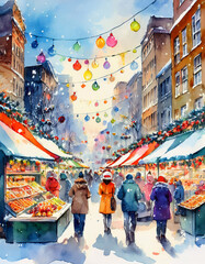 Fototapeta premium A snowy winter wonderland scene of a bustling Christmas market in a historic European town