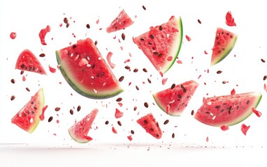 Fototapeta premium Flying pieces of watermelon with seeds, juicy and vibrant, isolated on white background