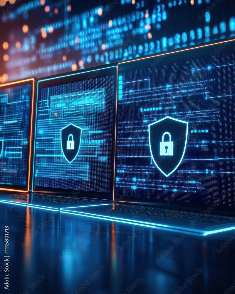 Poster modern cybersecurity concept with laptops displaying lock icons in a digital environment highlightin
