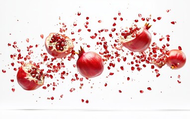 Flying pomegranates with seeds bursting mid-air, juicy and vibrant, isolated on white background