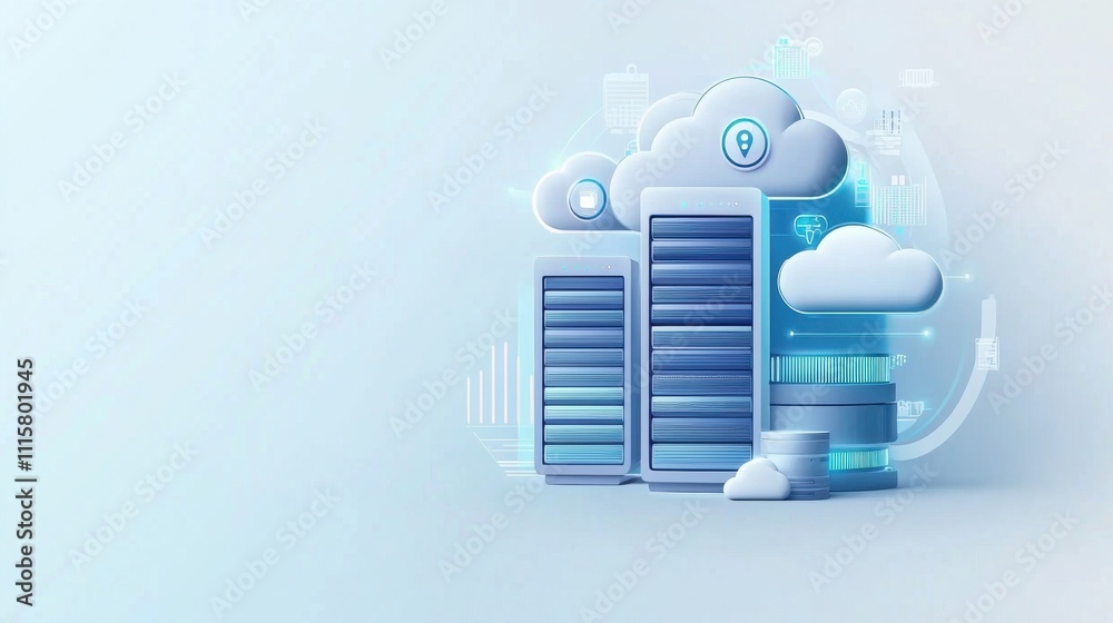 Poster modern cloud computing concept with two servers and stylized cloud elements representing data storag
