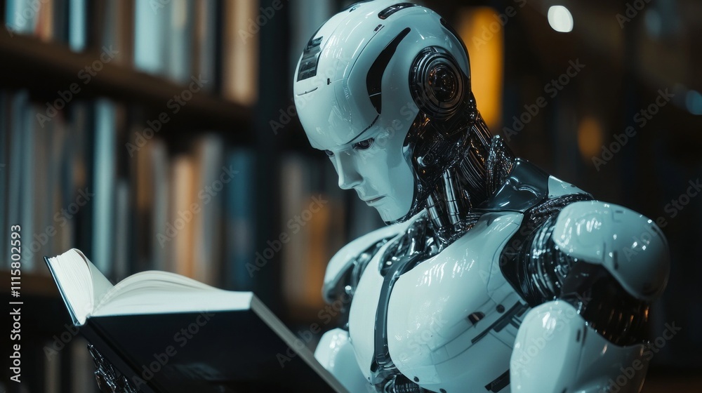 Poster in a contemporary library, a hyper-realistic robot intently reads a book, embodying curiosity and wi