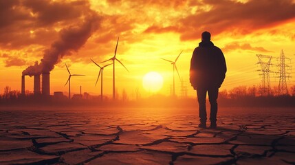 Man looking at solar panels and wind turbines at sunset. Alternative energy concept.