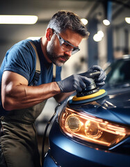 Obraz premium A person wearing gloves and overalls is using a polishing machine on the headlight of a car in a garage