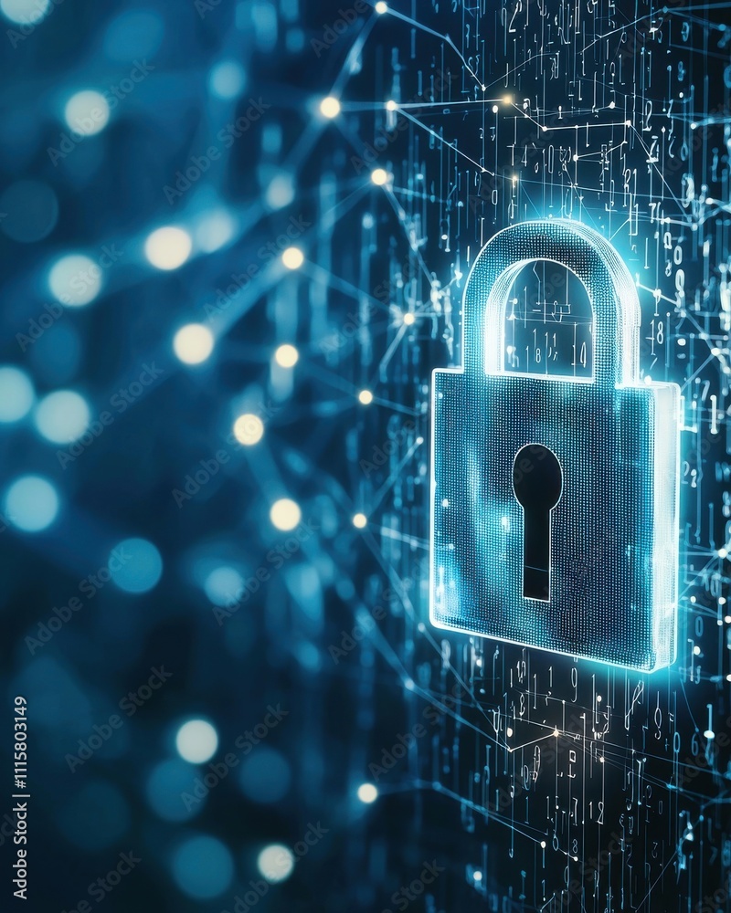 Poster high-tech digital security concept featuring a glowing lock against a data matrix background represe