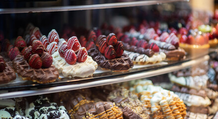 Various types of cakes in a pastry shop for sale. Close up of cake on cake stand at counter in coffee shop.