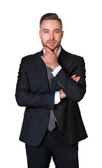 Confident man in formal suit with thoughtful expression, isolated on white background, concept of leadership and professionalism