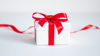 A pristine white gift box adorned with a vibrant red ribbon, a perfect symbol of celebratory gifting