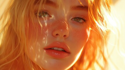Fototapeta premium Golden Hour Portrait of a Young Woman with Freckles