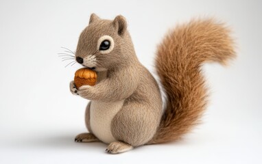Obraz premium Plush Squirrel with Acorn A plush squirrel with soft brown fur holding a tiny plush acorn, its bushy tail curved upward, displayed on a white background.