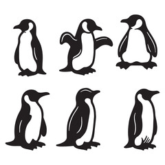 Obraz premium silhouettes of penguins in various poses, black and white minimal animal illustrations for graphic design and creative projects