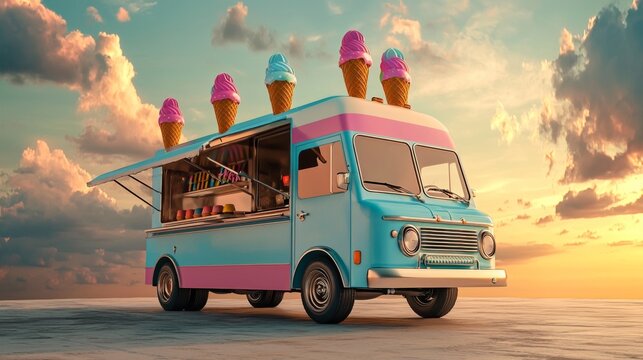 Retro Ice Cream Truck Sunset Summer Treats Vintage Van Popsicles Cones