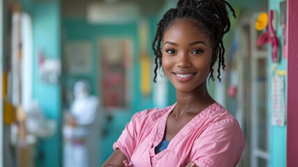 A smiling African American woman in pink scrubs stands confidently in a hospital corridor, showcasing her warmth and professionalism in a healthcare setting.