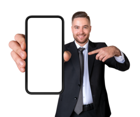 Smiling man in suit holding smartphone with blank screen, isolated on white background. Concept of mobile marketing, design, or sale promotion