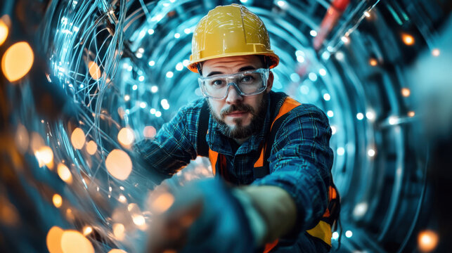 technician wearing hard hat and safety glasses works on fiber optic cables in tunnel filled with lights, showcasing dedication and precision