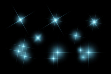 blue sparkle lights, flashing lights, light effects, sunlight lens flare, glowing ray beams, sparkling starsicon on black background.