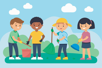 Fototapeta premium Four kids in different colored clothes clean outdoors joyfully without text. Image conveys hope and positivity amidst their environmental efforts.