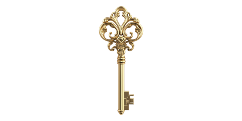 Ornate golden vintage key isolated on transparent background
