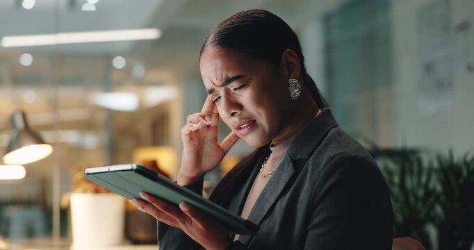 Confused, thinking and woman with tablet, office and designer with headache, stress and working late. Night, contemplating and person with migraine, web design and worry for deadline, doubt or online