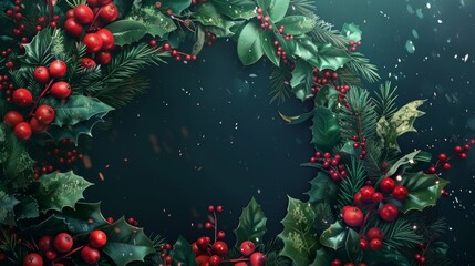 A festive Christmas background featuring pine branches, cones, and berries, adorned with colorful ornaments and a Christmas tree, capturing the spirit of the holiday season