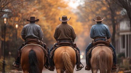 Three cowboys on horseback wearing leather jackets in rustic town. Western lifestyle, rural ranch, traditional adventure, historical Wild West scene, countryside freedom.