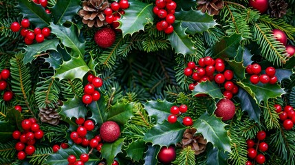 A beautifully decorated Christmas tree adorned with vibrant ornaments, red berries, and lush green branches, capturing the festive spirit of the holiday season