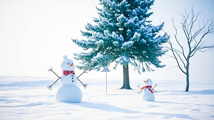 Fototapeta premium Two cheerful snowmen stand in a snowy landscape, enjoying a winter day near a snow-covered evergreen tree.